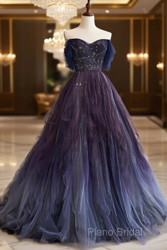 A-Line Purple Gradient Tulle Long Formal Prom Dresses Main image