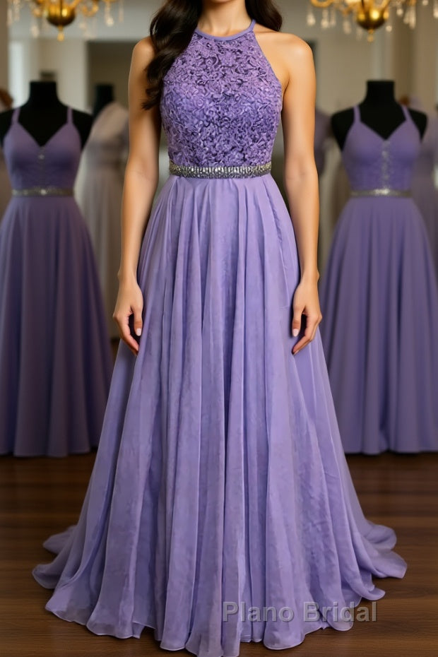 A Line Purple Lace Long Formal Prom Dress with Belt, Purple Lace Formal Dress, Purple Evening Dress, Bridesmaid Dress Main image