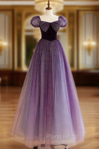 A-Line Purple Long Formal Prom Dresses, Purple Tulle Evening Dresses