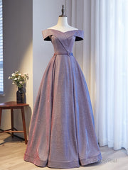A-Line Purple Off the Shoulder Formal Prom Dress