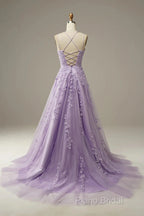 A-Line Purple Spaghetti Straps Long Formal Prom Dresses With Appliques