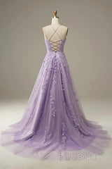 A-Line Purple Spaghetti Straps Long Formal Prom Dresses With Appliques