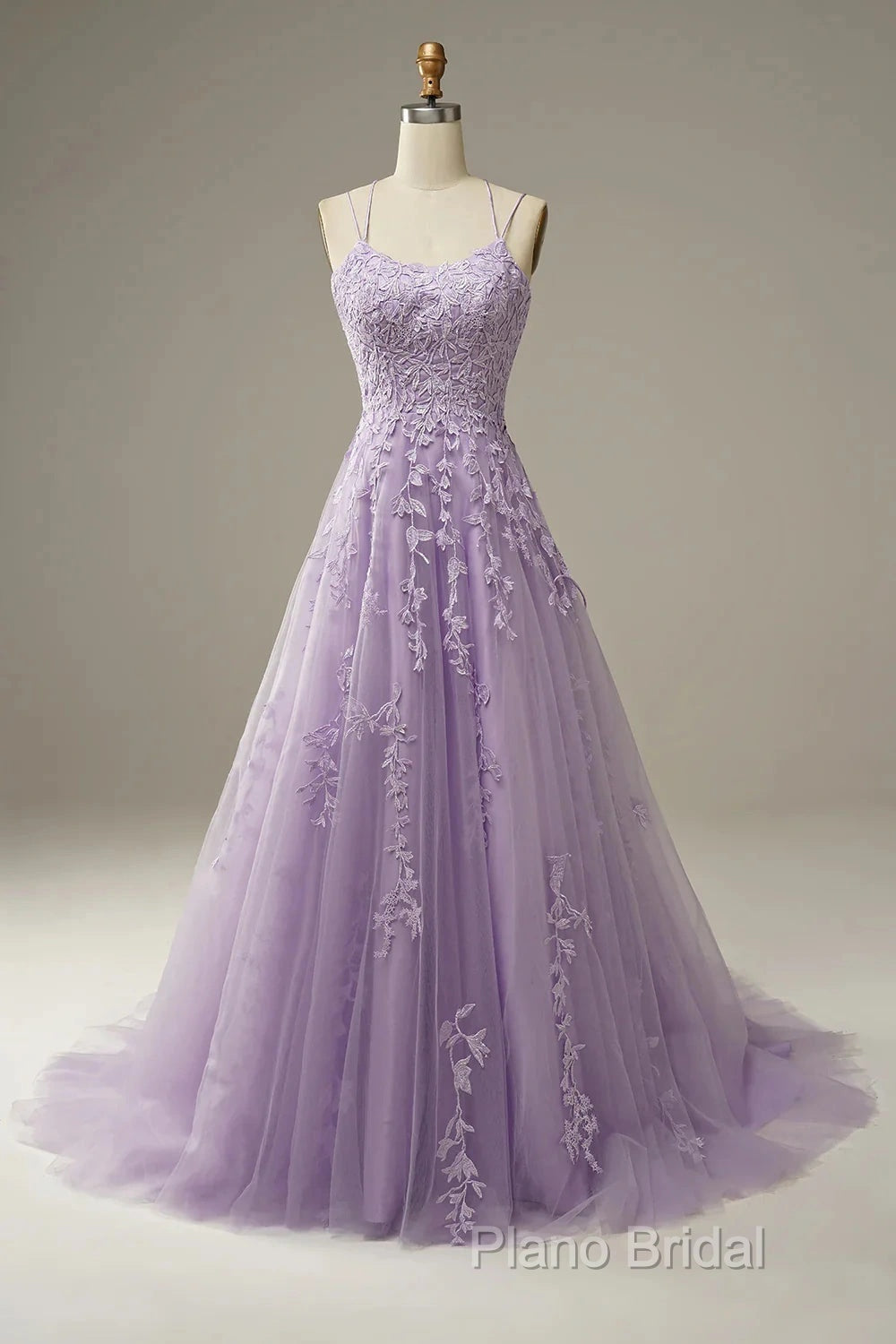 A-Line Purple Spaghetti Straps Long Formal Prom Dresses With Appliques