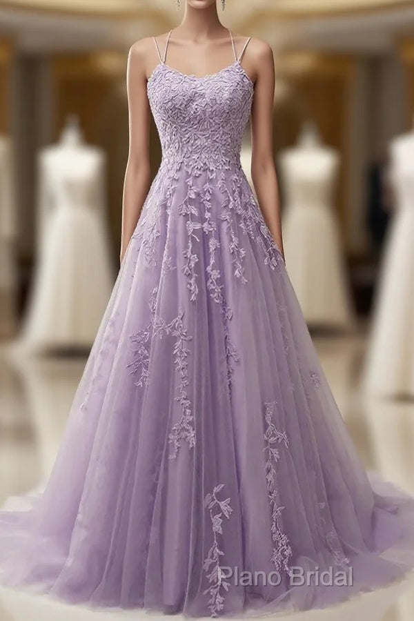 A-Line Purple Spaghetti Straps Long Formal Prom Dresses With Appliques