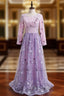 A-Line Purple Tulle Embroidery Long Sleeve Formal Prom Dresses