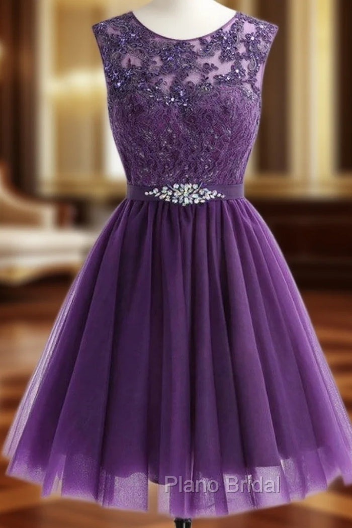A-Line Purple Tulle Lace Apliques Beading Homecoming Dresses Main image