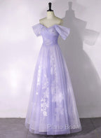 A-line Purple Tulle with Lace Off Shoulder Formal Dresses, Purple Tulle Formal Prom Dresses