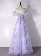A-line Purple Tulle with Lace Off Shoulder Formal Dresses, Purple Tulle Formal Prom Dresses