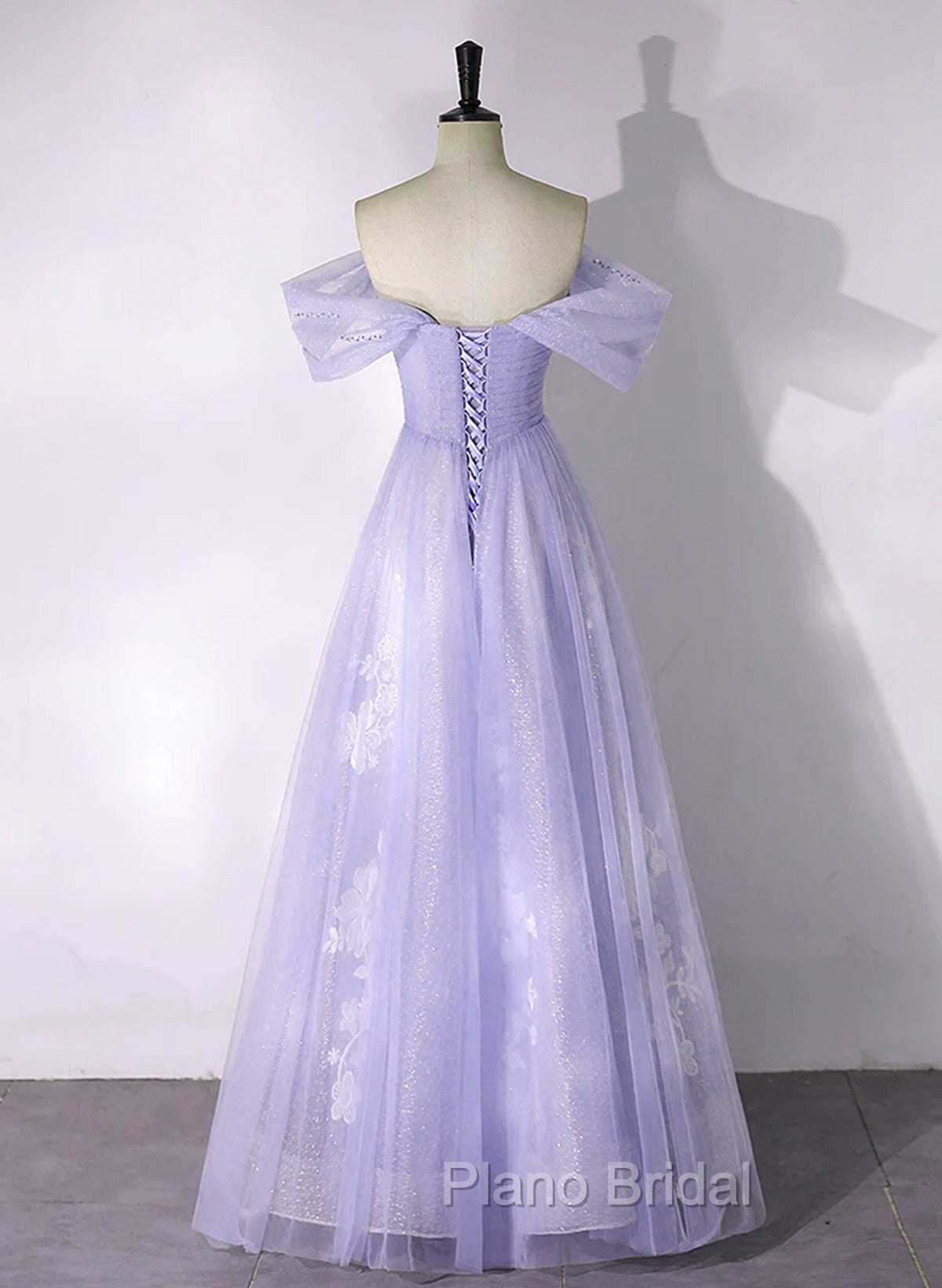 A-line Purple Tulle with Lace Off Shoulder Formal Dresses, Purple Tulle Formal Prom Dresses