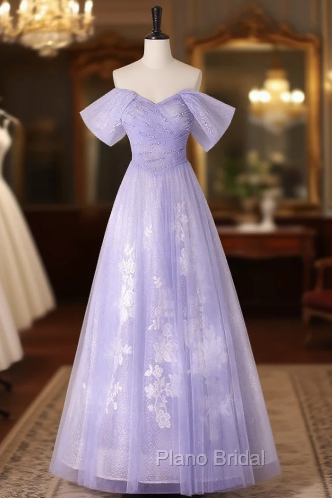 A-line Purple Tulle with Lace Off Shoulder Formal Dresses, Purple Tulle Formal Prom Dresses Main image