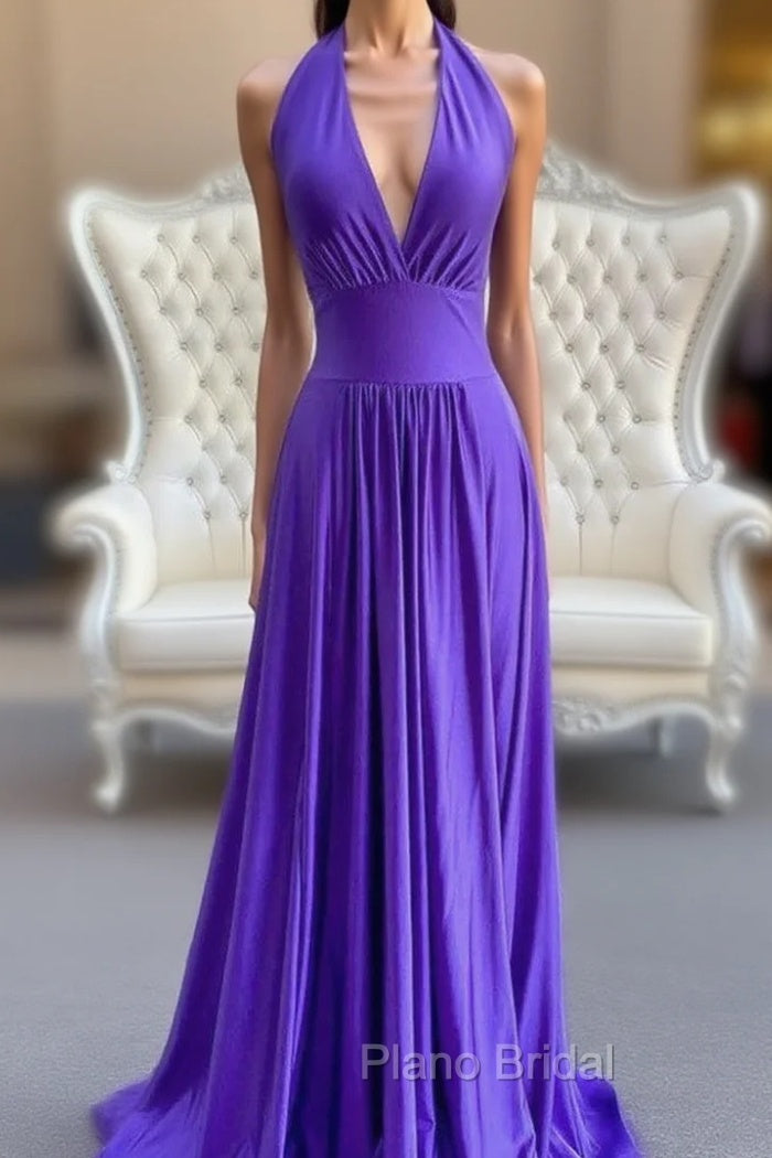 A-Line Purple V-neck Backless Formal Prom Dresses Main image