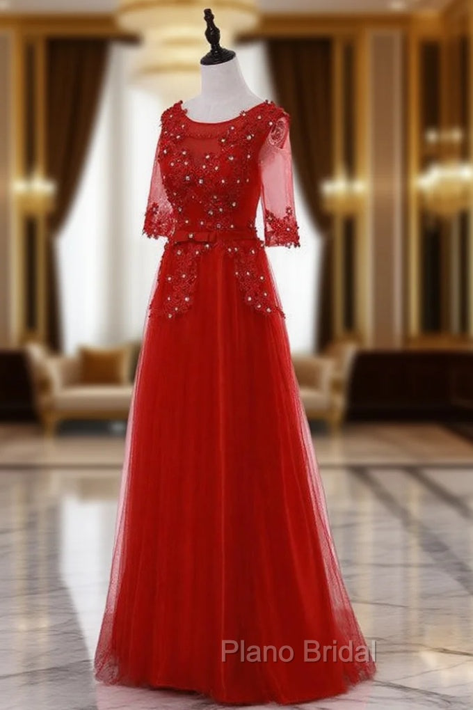 A-Line Red Half Sleeve Lace Bridesmaid Dresses Main image