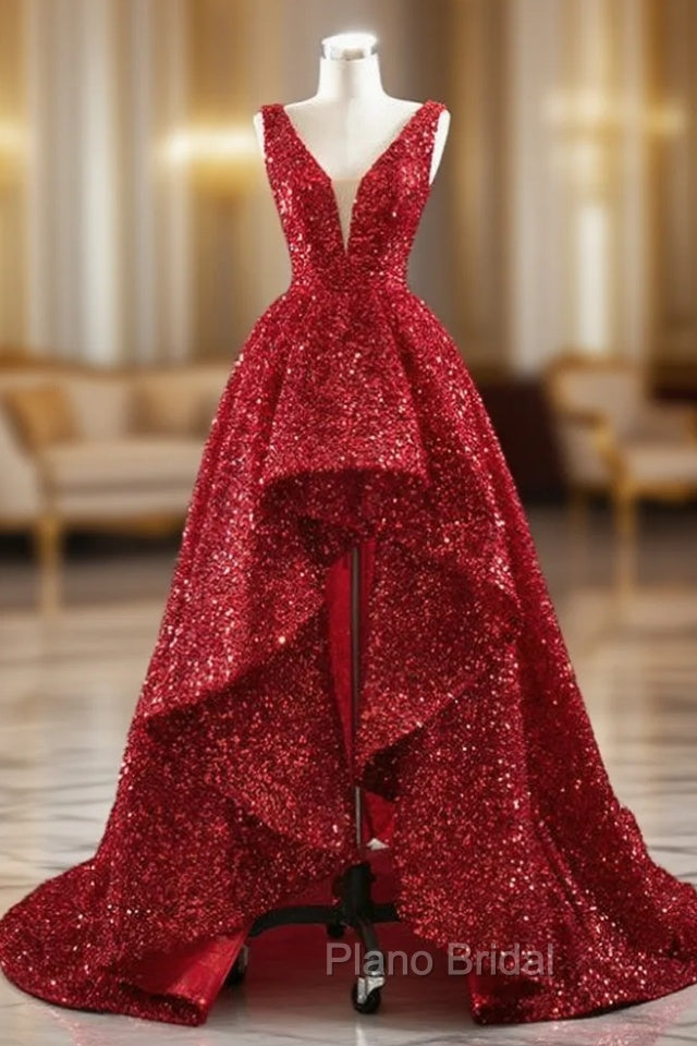 A-line Red  Sequins V-neck Formal Prom Dresses