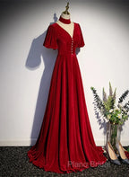 A-Line Red High Neckline Velvet Long Party Dresses Short Sleeves Velvet Formal Prom Dresses