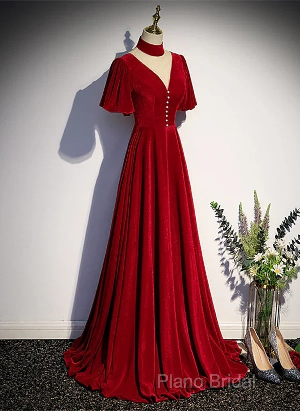 A-Line Red High Neckline Velvet Long Party Dresses Short Sleeves Velvet Formal Prom Dresses