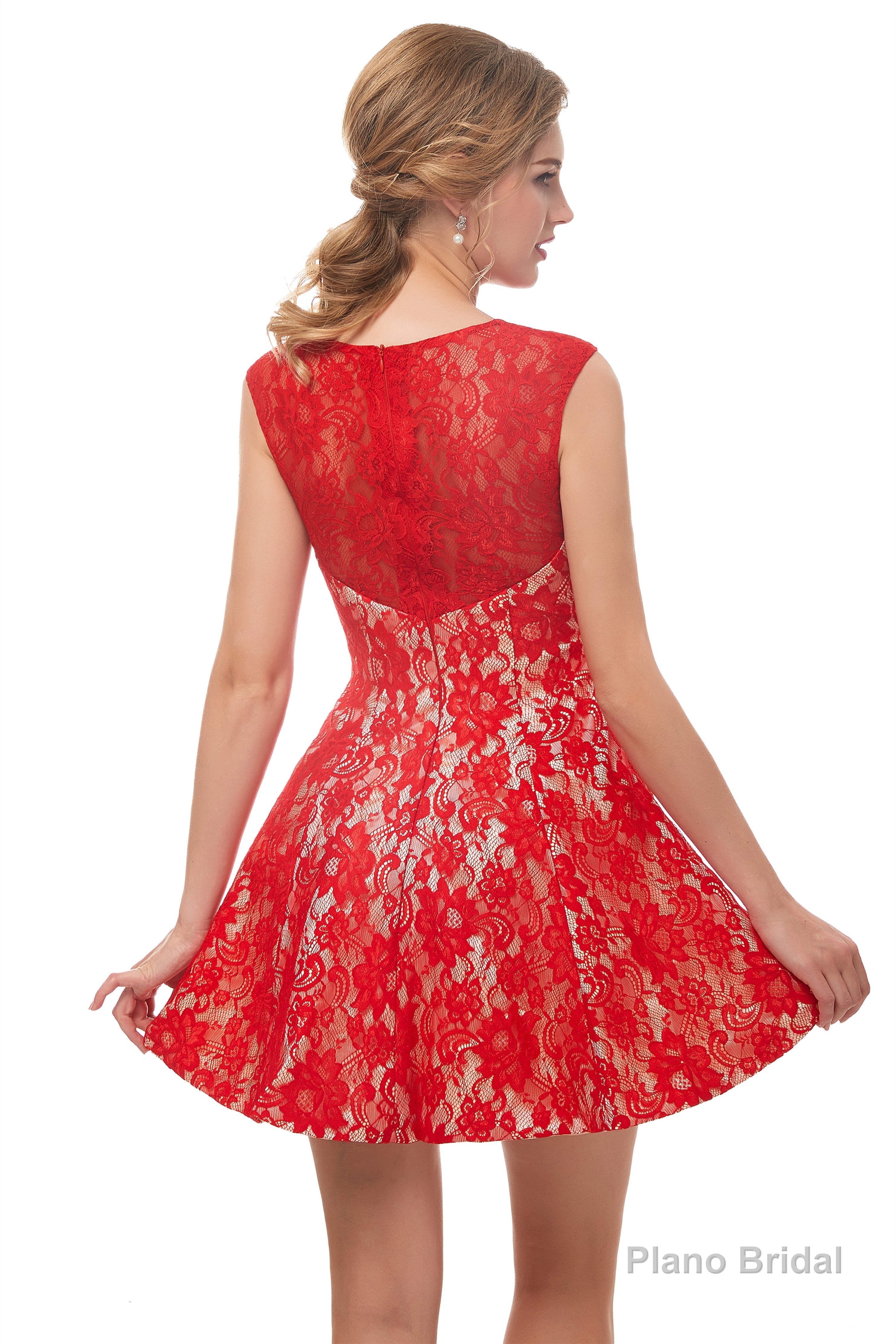 A-Line Red Lace Sleeveless Mini Homecoming Dresses