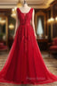 A-line Red Lace V-neck Backless Long Evening Dresses