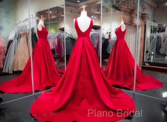 A Line Red Formal Prom Dresses V Neck Satin Long Formal Dresses