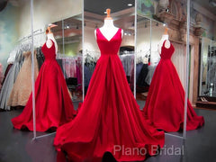 A Line Red Formal Prom Dresses V Neck Satin Long Formal Dresses