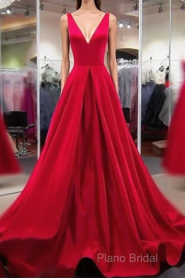 A Line Red Formal Prom Dresses V Neck Satin Long Formal Dresses Main image