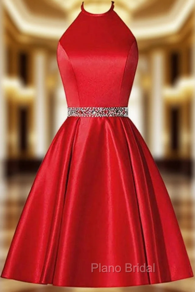A-Line Red Satin Halter Beaidng Crystal Homecoming Dresses With Pocket