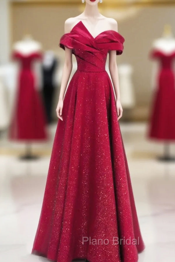 A-Line Red Satin Long Off Shoulder Evening Dresses, Simple Floor Length Formal Prom Dresses Main image