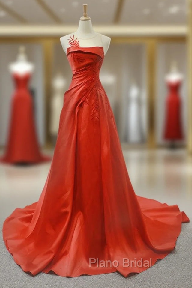 A-Line Red Satin Pleats Beading Backless Long Formal Prom Dresses