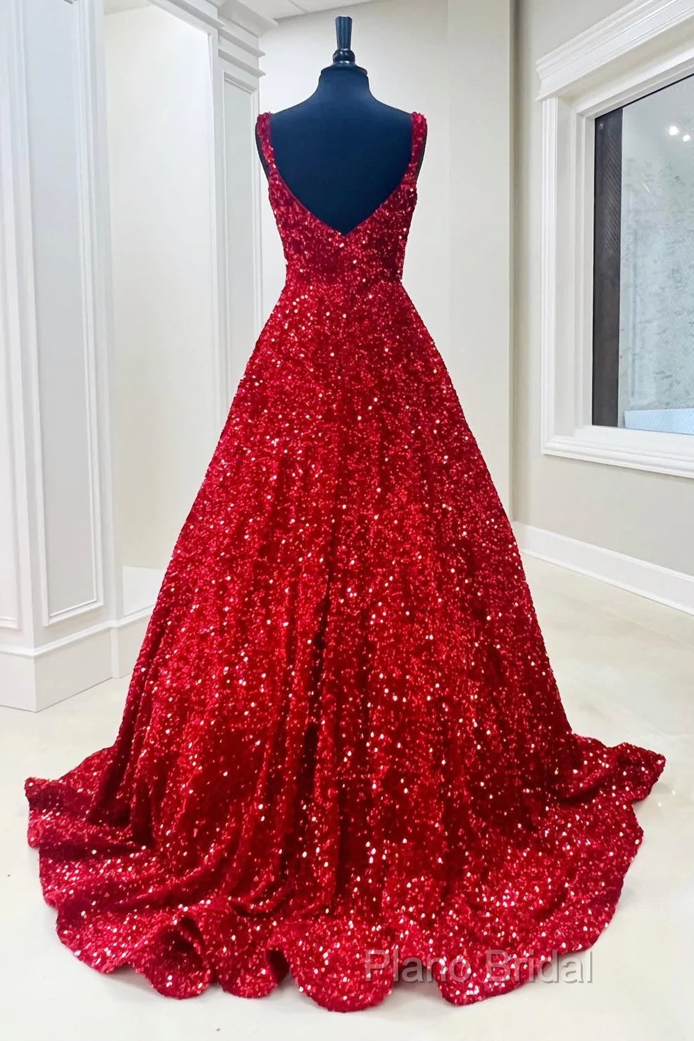 A-Line Red Sequin Quince Dresses Square Neck Backless Long Formal Prom Dresses
