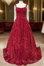A-Line Red Sequin Quince Dresses Square Neck Backless Long Formal Prom Dresses