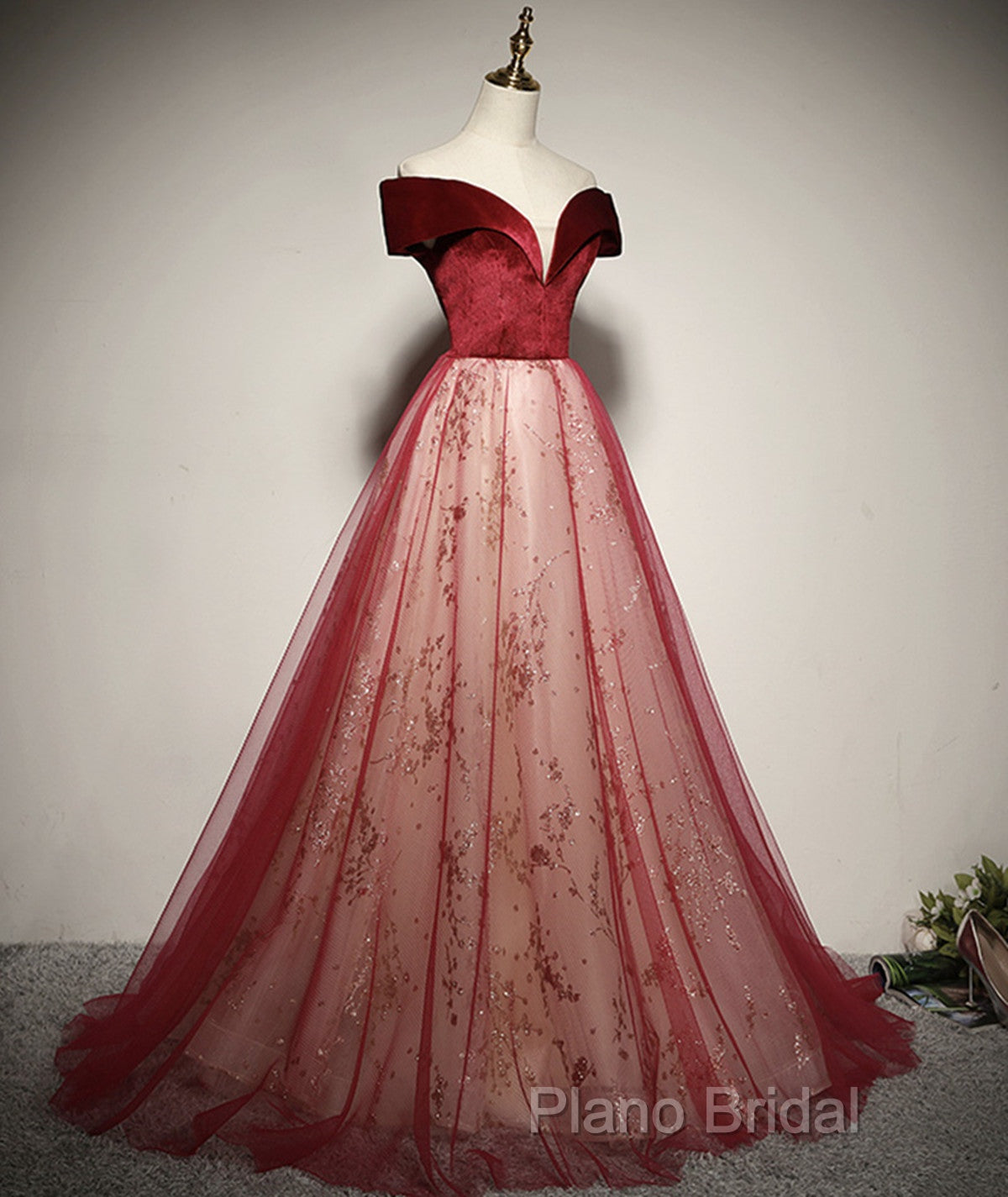 A-Line Red Tulle And Velvet Off Shoulder Long Formal Prom Dresses, Red Formal Dresses