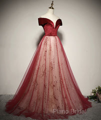 A-Line Red Tulle And Velvet Off Shoulder Long Formal Prom Dresses, Red Formal Dresses