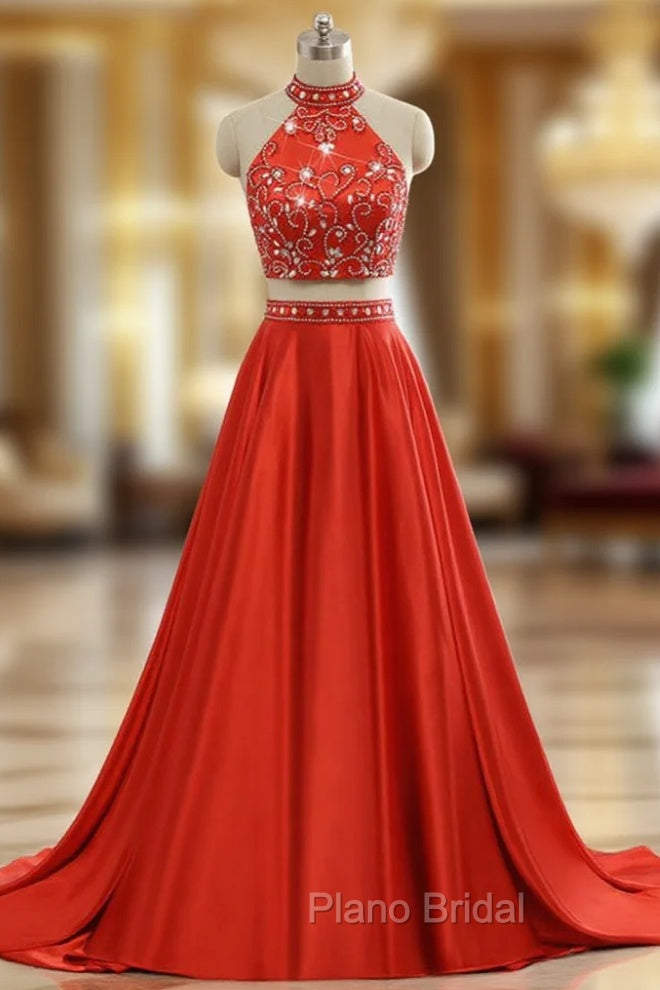 A-line Red Two Pieces Evening Dresses Soft Satin Formal Prom Party Gown Main image