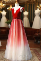 A-Line Red Velvet Tulle Long Formal Prom Dresses, Red Formal Dresses