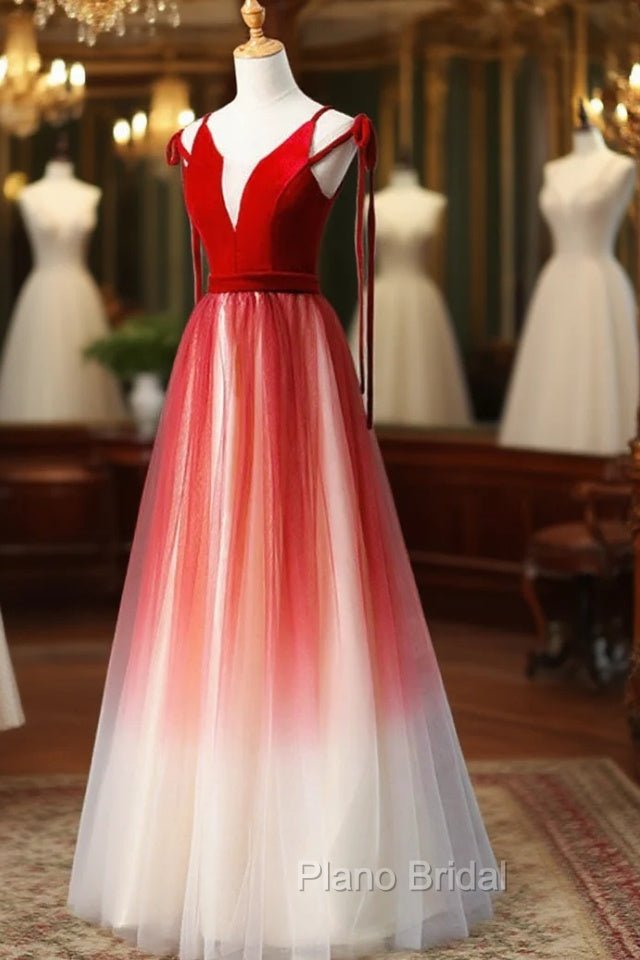 A-Line Red Velvet Tulle Long Formal Prom Dresses, Red Formal Dresses
