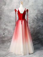 A-Line Red Velvet Tulle Long Formal Prom Dresses, Red Formal Dresses