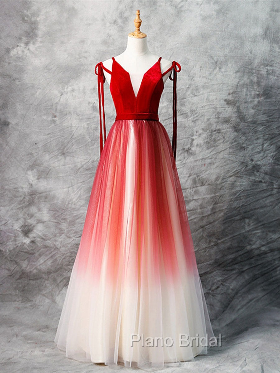 A-Line Red Velvet Tulle Long Formal Prom Dresses, Red Formal Dresses Main image