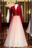A-Line Red Velvet Tulle Long Sleeve Open Back Formal Prom Dresses