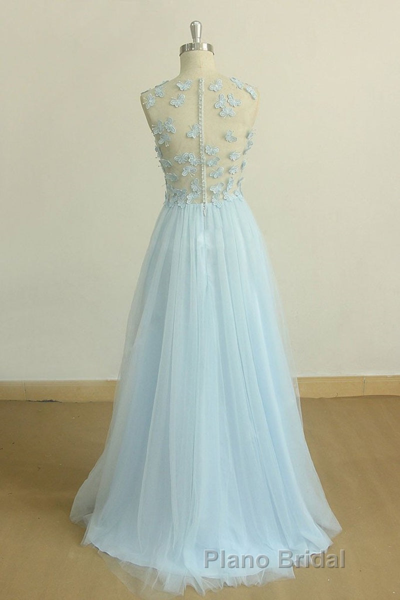 A Line Round Neck Baby Blue Lace Long Formal Prom Dress with Butterfly, Baby Blue Lace Formal Graduation Evening Dress