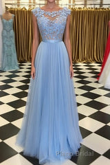 A Line Round Neck Blue Lace Appliques Tulle Long Formal Prom Dresses, Blue Lace Graduation Dresses, Blue Evening Formal Dresses