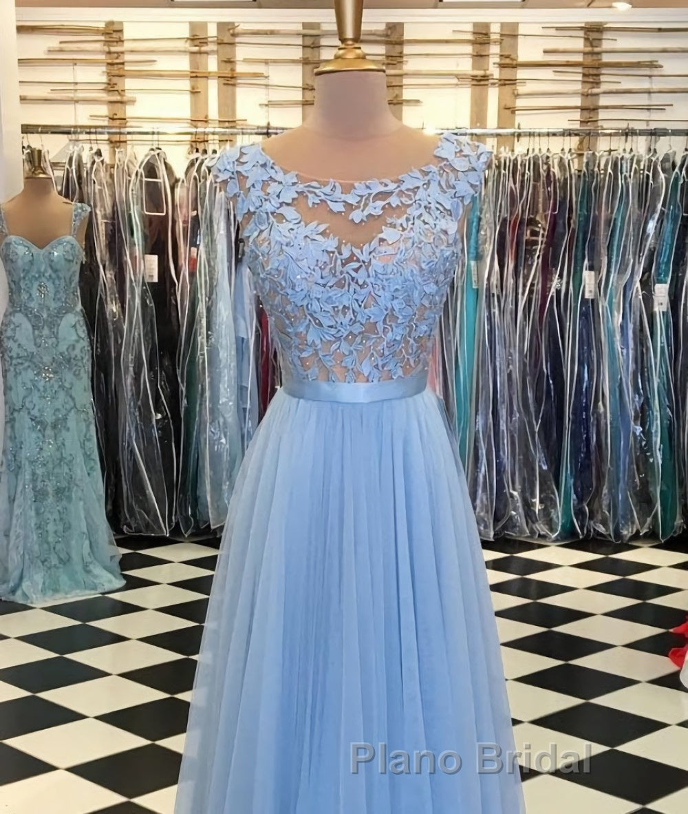 A Line Round Neck Blue Lace Appliques Tulle Long Formal Prom Dresses, Blue Lace Graduation Dresses, Blue Evening Formal Dresses Secondary image