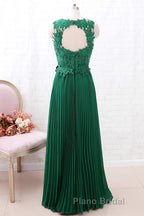 A Line Round Neck Green Lace Long Formal Prom Dress Bridesmaid Dress, Open Back Lace Green Formal Dress, Green Lace Evening Dress
