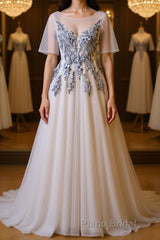 A Line Round Neck Half Sleeves Gray Lace Formal Prom Dresses, Gray Floral Long Formal Evening Dresses