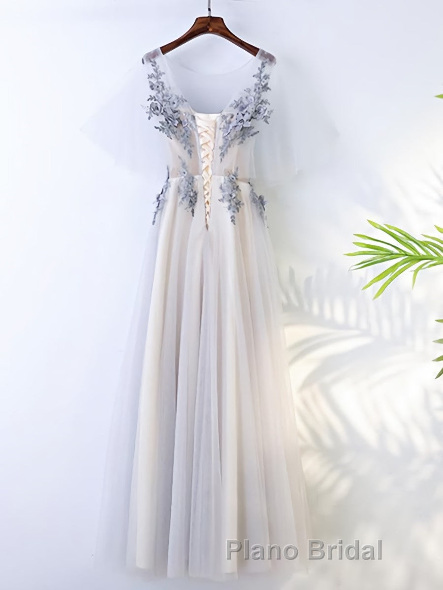 A Line Round Neck Half Sleeves Gray Lace Formal Prom Dresses, Gray Floral Long Formal Evening Dresses Secondary image