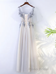 A Line Round Neck Half Sleeves Gray Lace Formal Prom Dresses, Gray Floral Long Formal Evening Dresses