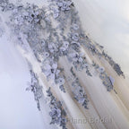 A Line Round Neck Half Sleeves Gray Lace Formal Prom Dresses, Gray Floral Long Formal Evening Dresses