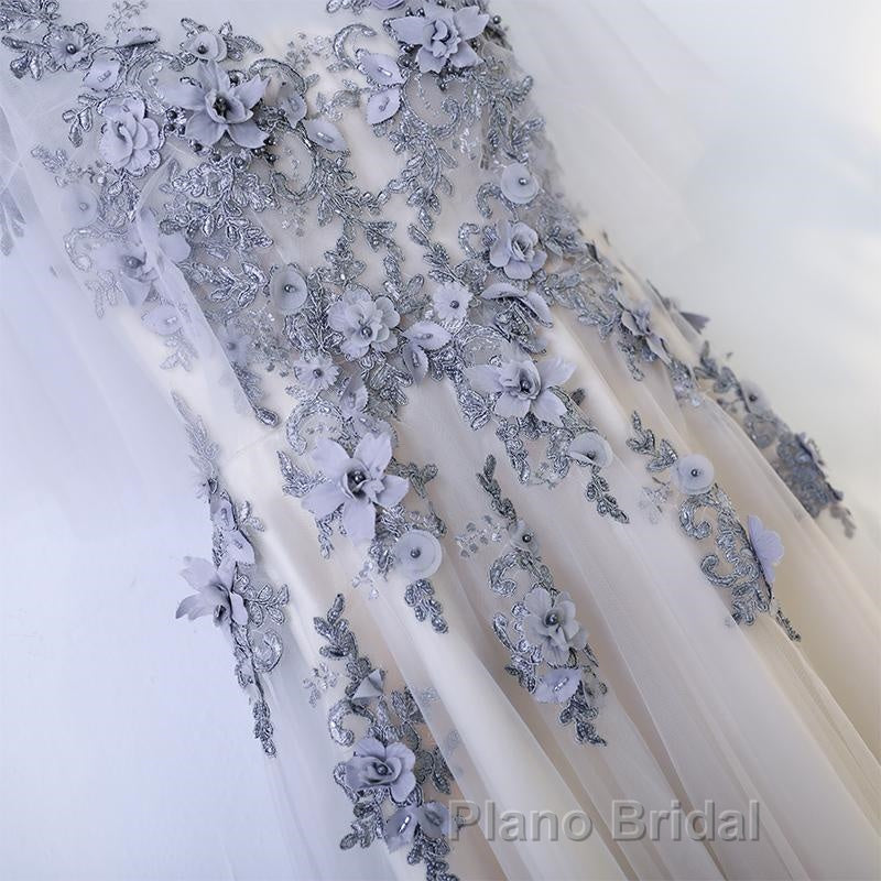 A Line Round Neck Half Sleeves Gray Lace Formal Prom Dresses, Gray Floral Long Formal Evening Dresses