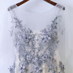 A Line Round Neck Half Sleeves Gray Lace Formal Prom Dresses, Gray Floral Long Formal Evening Dresses