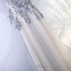 A Line Round Neck Half Sleeves Gray Lace Formal Prom Dresses, Gray Floral Long Formal Evening Dresses