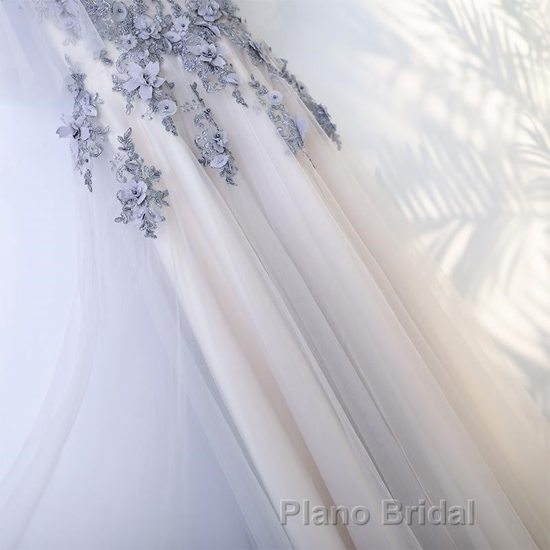 A Line Round Neck Half Sleeves Gray Lace Formal Prom Dresses, Gray Floral Long Formal Evening Dresses