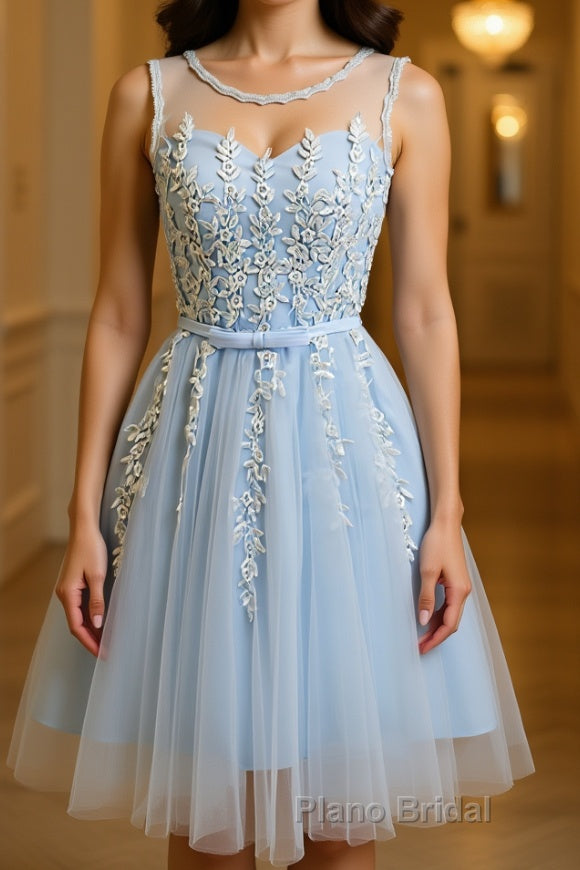 A Line Round Neck Lace Blue Short Formal Prom Dress, Short Blue Lace Formal Graduation Homecoming Dress